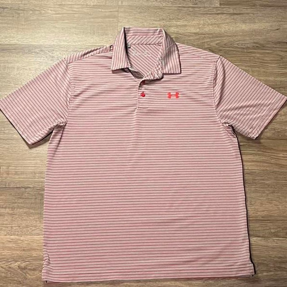 Under Armour Grey Red Striped Heat Gear Retro Sportswear Polo Button Shirt large